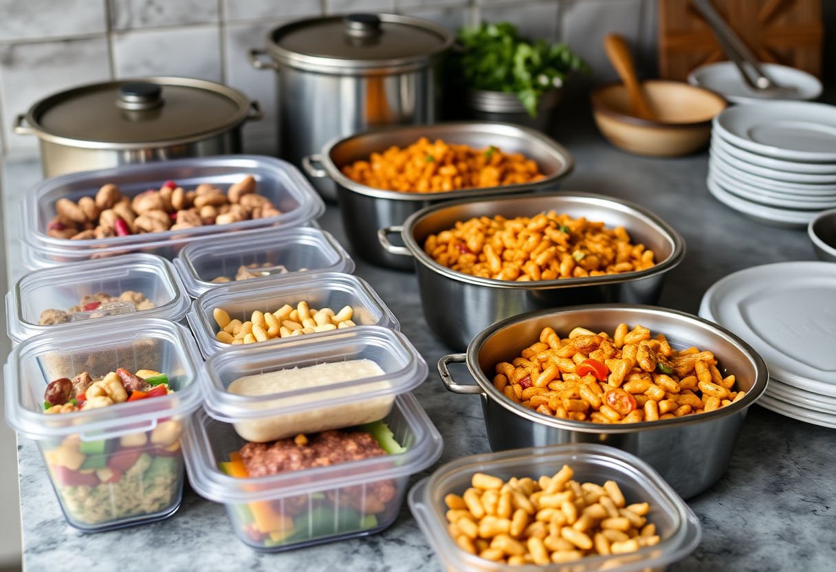 Batch cooking setup with meal containers