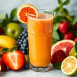 A refreshing glass of vibrant, anti-inflammatory fruit juice with fresh fruits around.