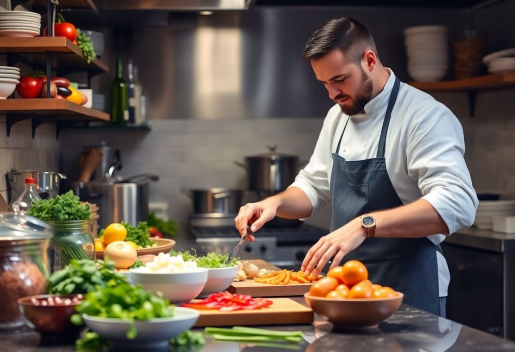 Chef preparing ingredients in a kitchen